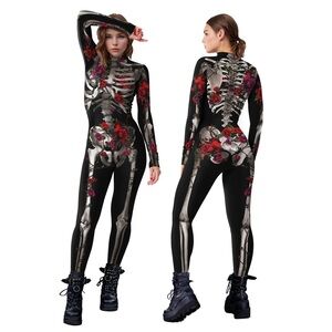 Halloween Devil Ghost Women Cosplay Skeleton Rose Sexy Bodysuit Long Sleeve